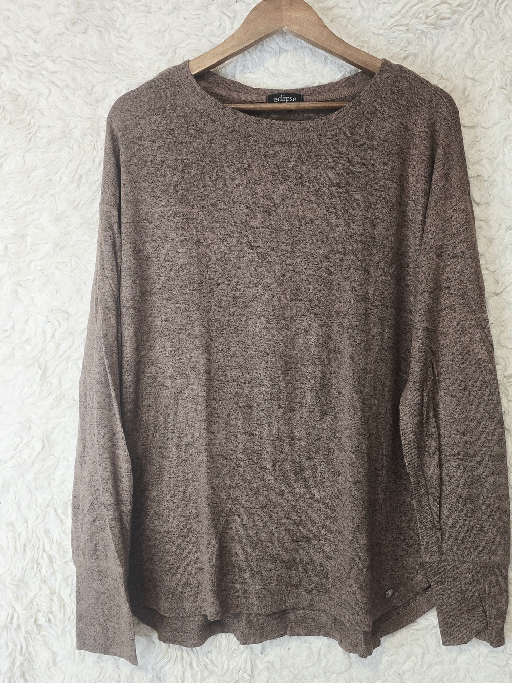 Eclipse Women Heathered Brown Crewneck Thumbhole Sweatshirt Sweater